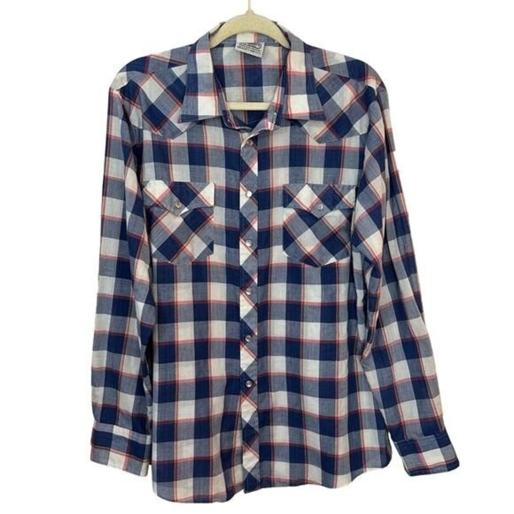 Vintage Western Pearl Snap Shirt Men's Size XL Plaid Red White Blue